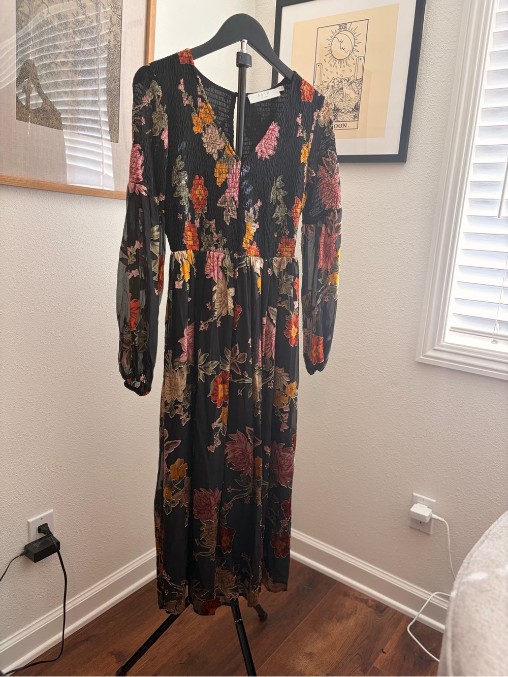 Astr the Label Black Floral Long Sleeve Midi Dress with Velvet Burnout Flowers